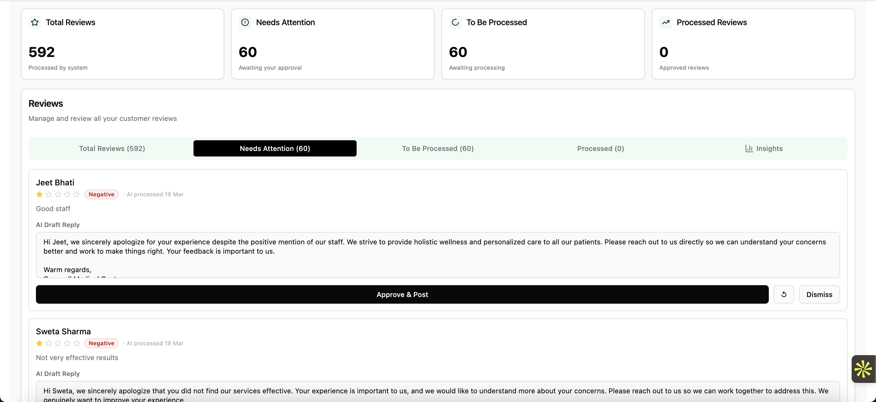 AI-powered review management showing automated responses across multiple locations